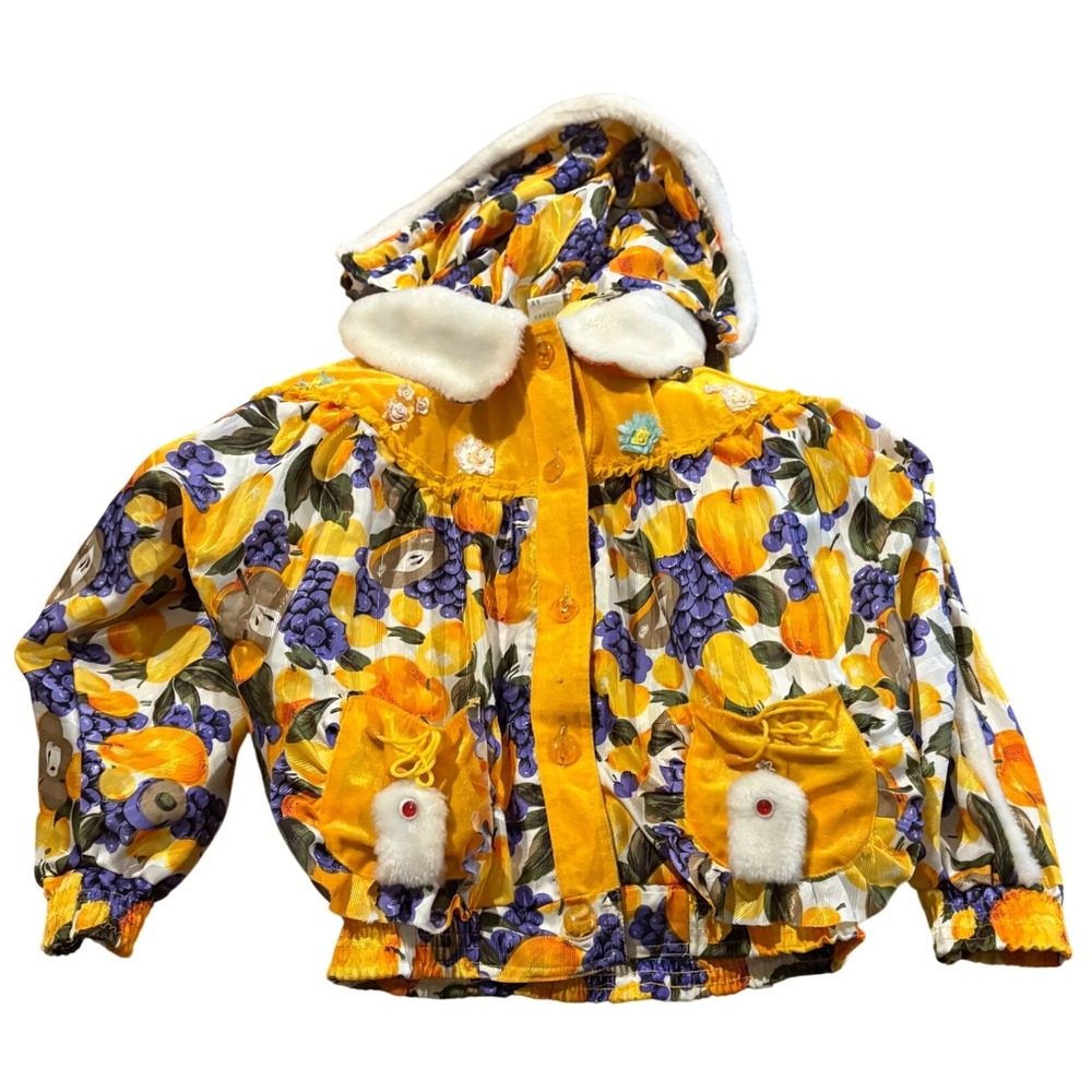 Vintage Y2K Fruit Print Puffer Jacket Womens XS/S Kawaii Harajuku Crop